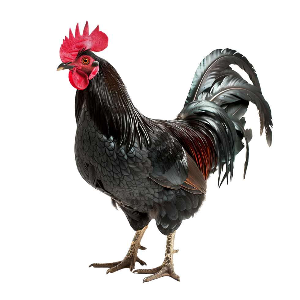 Black rooster with glossy feathers and a prominent red comb isolated on a transparent background png