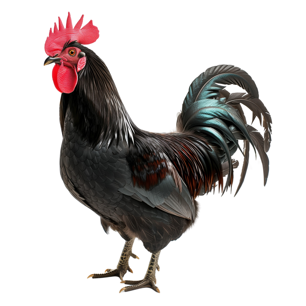 Black rooster with glossy feathers and a prominent red comb isolated on a transparent background png