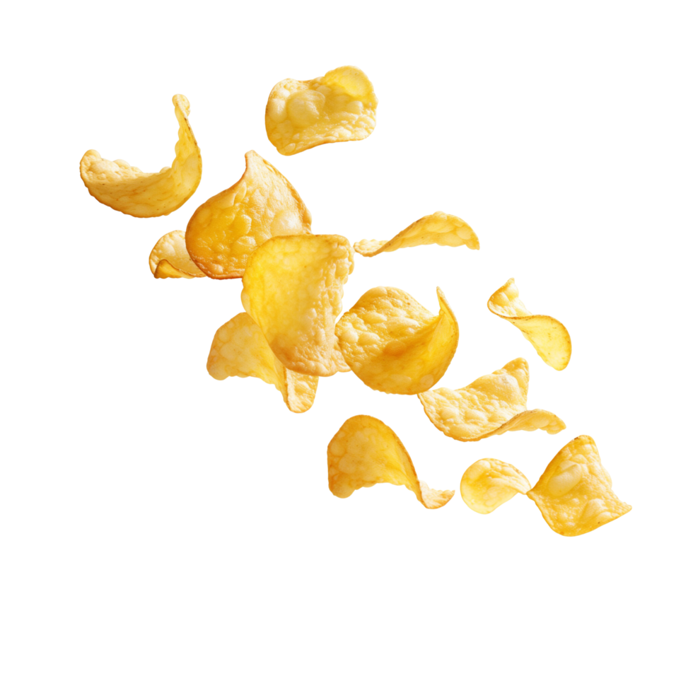 Potato chips frozen in motion, flying isolated on a transparent background png