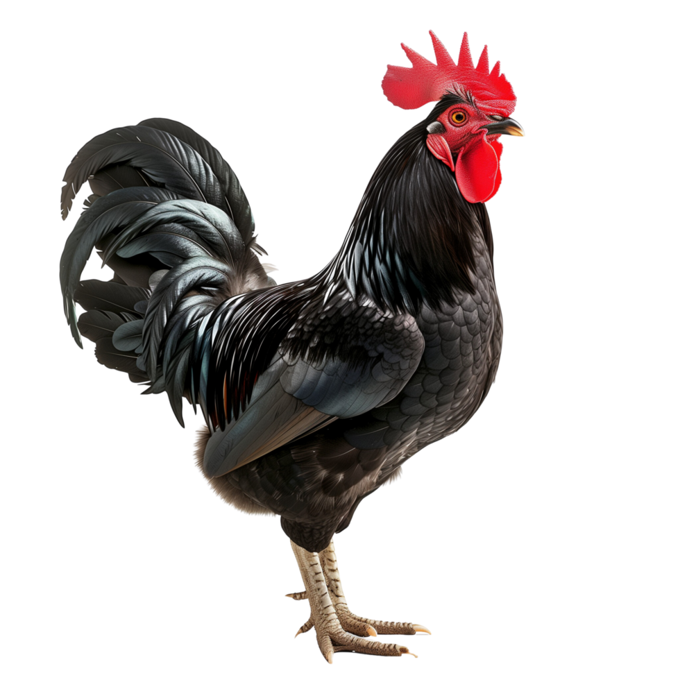 Black rooster with glossy feathers and a prominent red comb isolated on a transparent background png