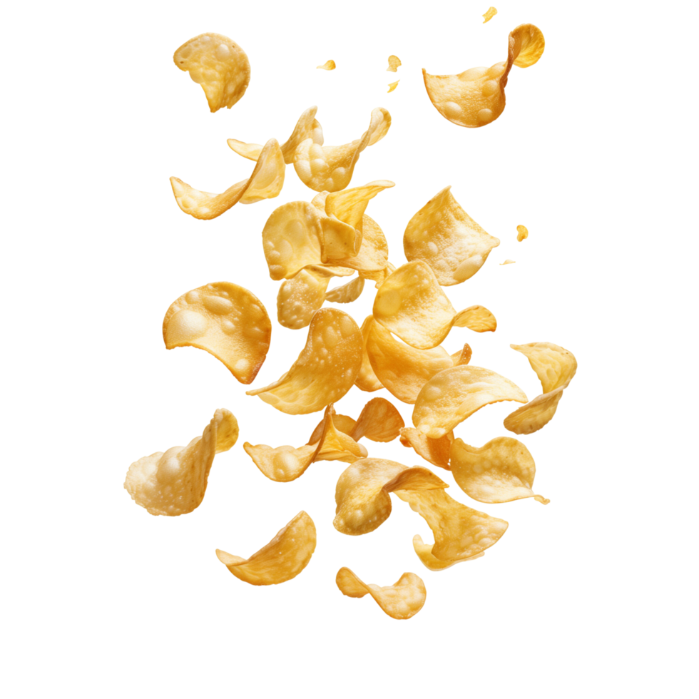 Potato chips frozen in motion, flying isolated on a transparent background png