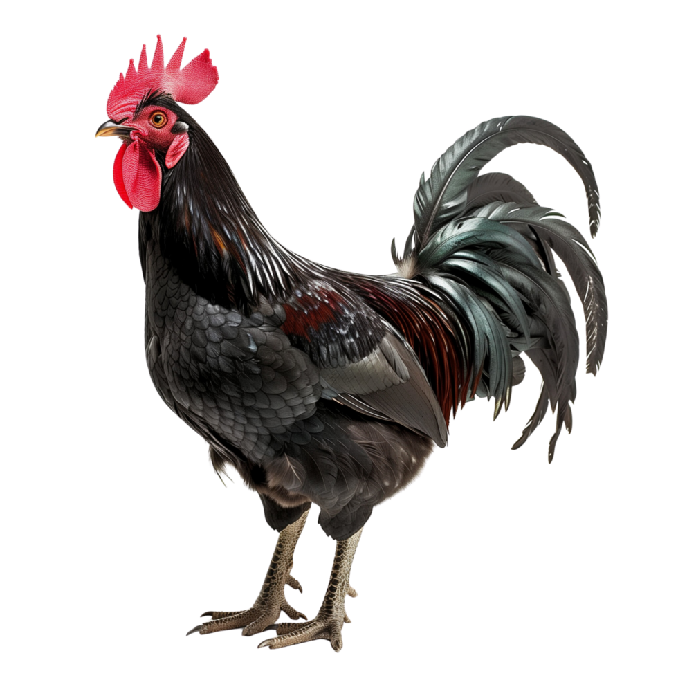 Black rooster with glossy feathers and a prominent red comb isolated on a transparent background png