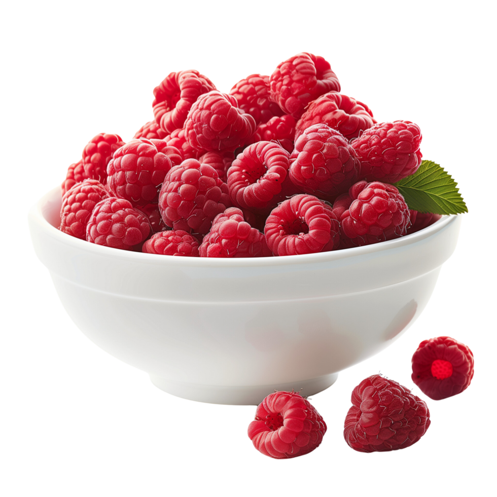 Perfectly ripe raspberries overflowing from a bowl isolated on a transparent background png