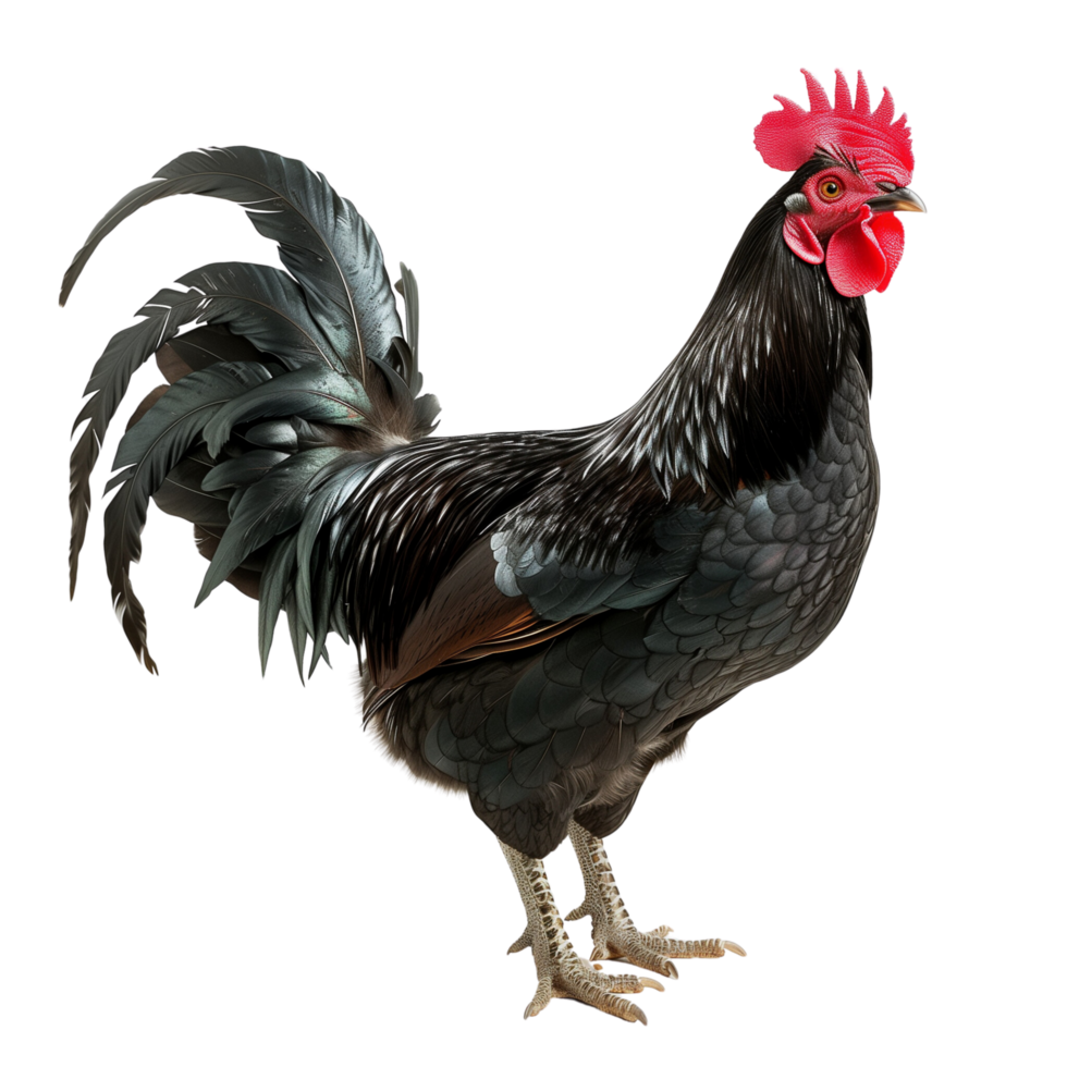 Black rooster with glossy feathers and a prominent red comb isolated on a transparent background png