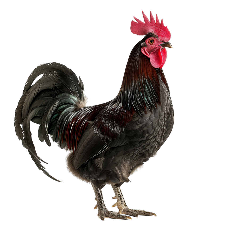 Black rooster with glossy feathers and a prominent red comb isolated on a transparent background png