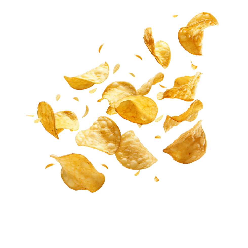 Potato chips frozen in motion, flying isolated on a transparent background png
