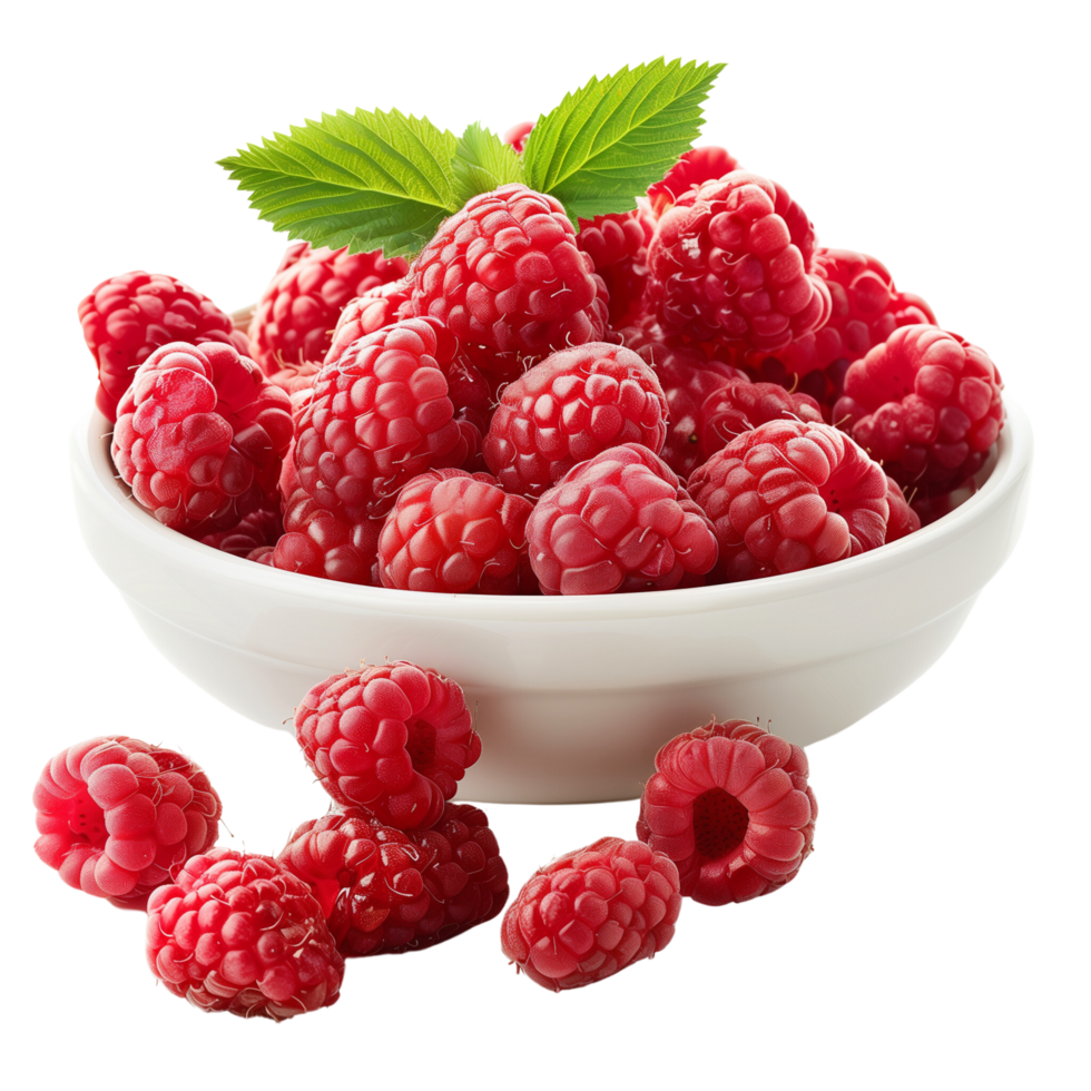 Perfectly ripe raspberries overflowing from a bowl isolated on a transparent background png