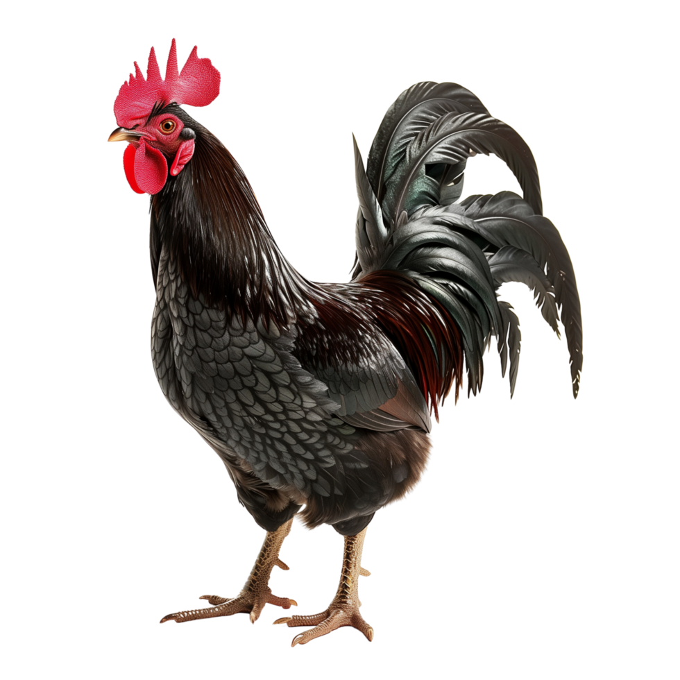 Black rooster with glossy feathers and a prominent red comb isolated on a transparent background png