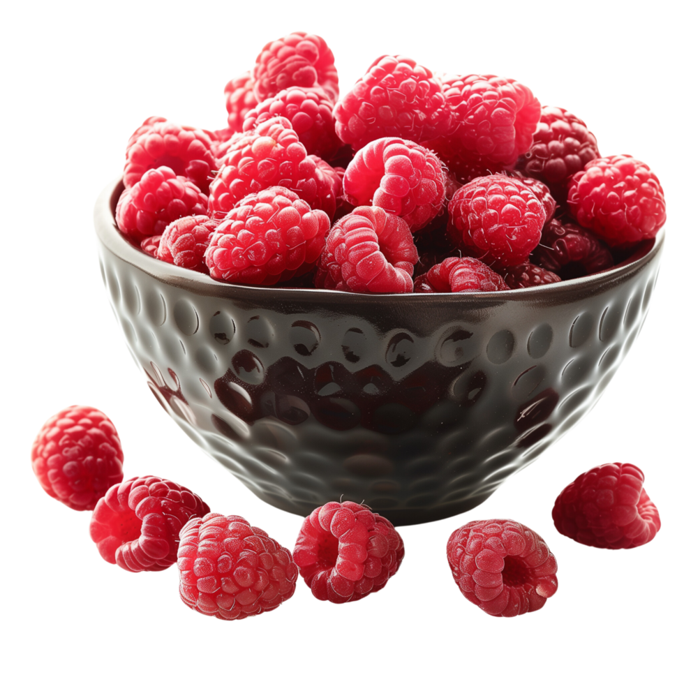 Perfectly ripe raspberries overflowing from a bowl isolated on a transparent background png