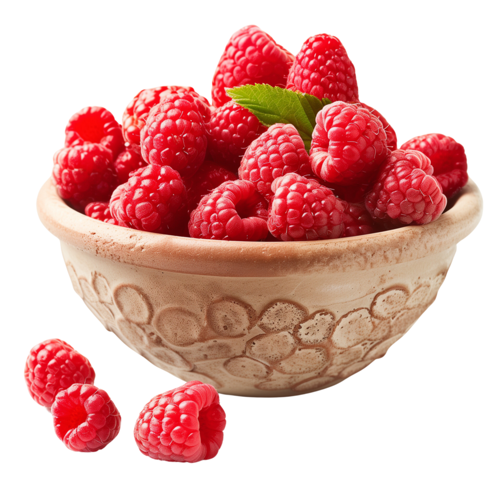 Perfectly ripe raspberries overflowing from a bowl isolated on a transparent background png