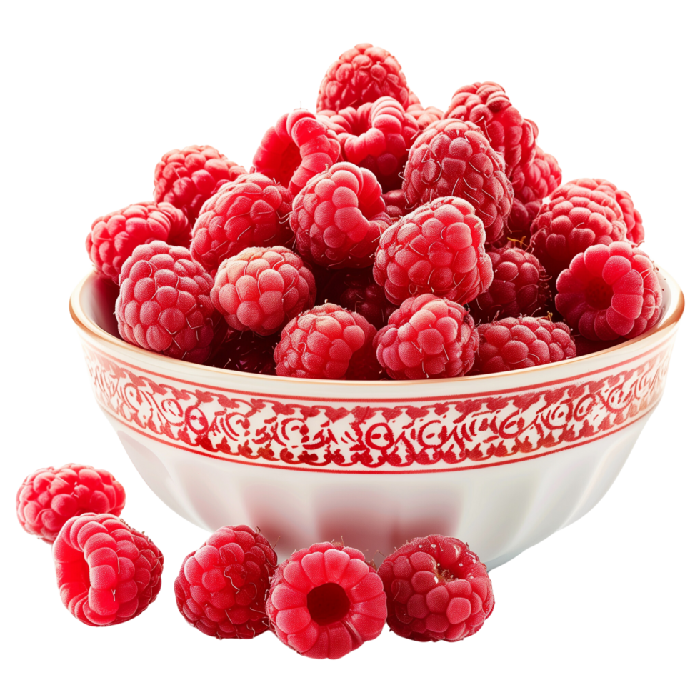 Perfectly ripe raspberries overflowing from a bowl isolated on a transparent background png