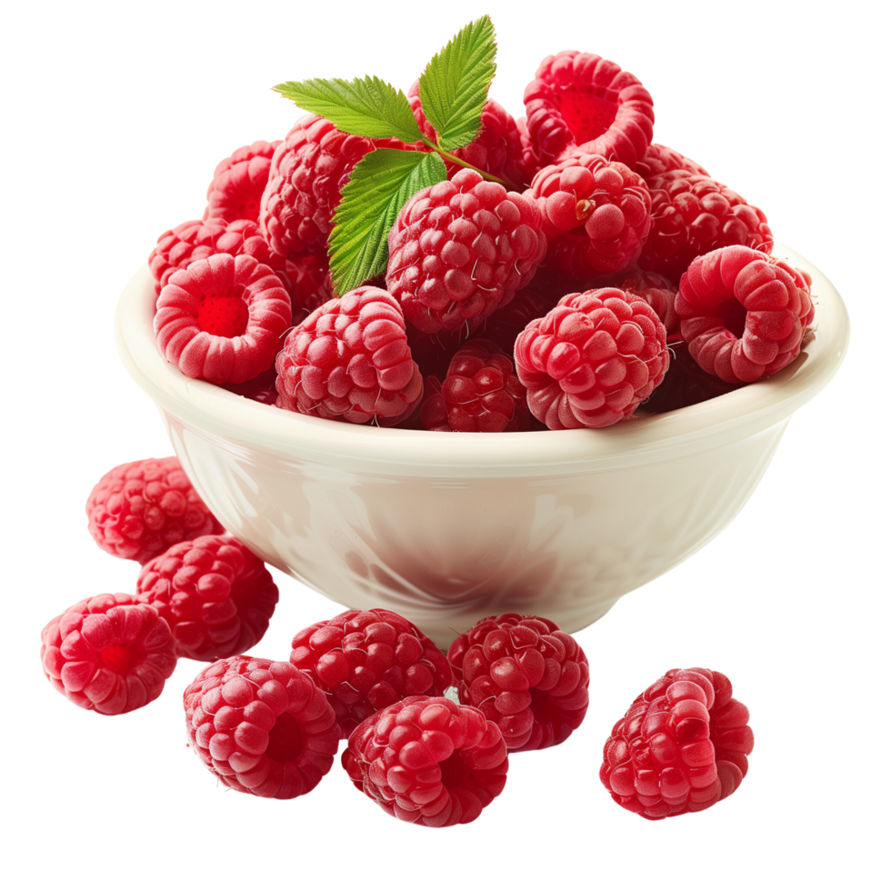 Perfectly ripe raspberries overflowing from a bowl isolated on a transparent background png