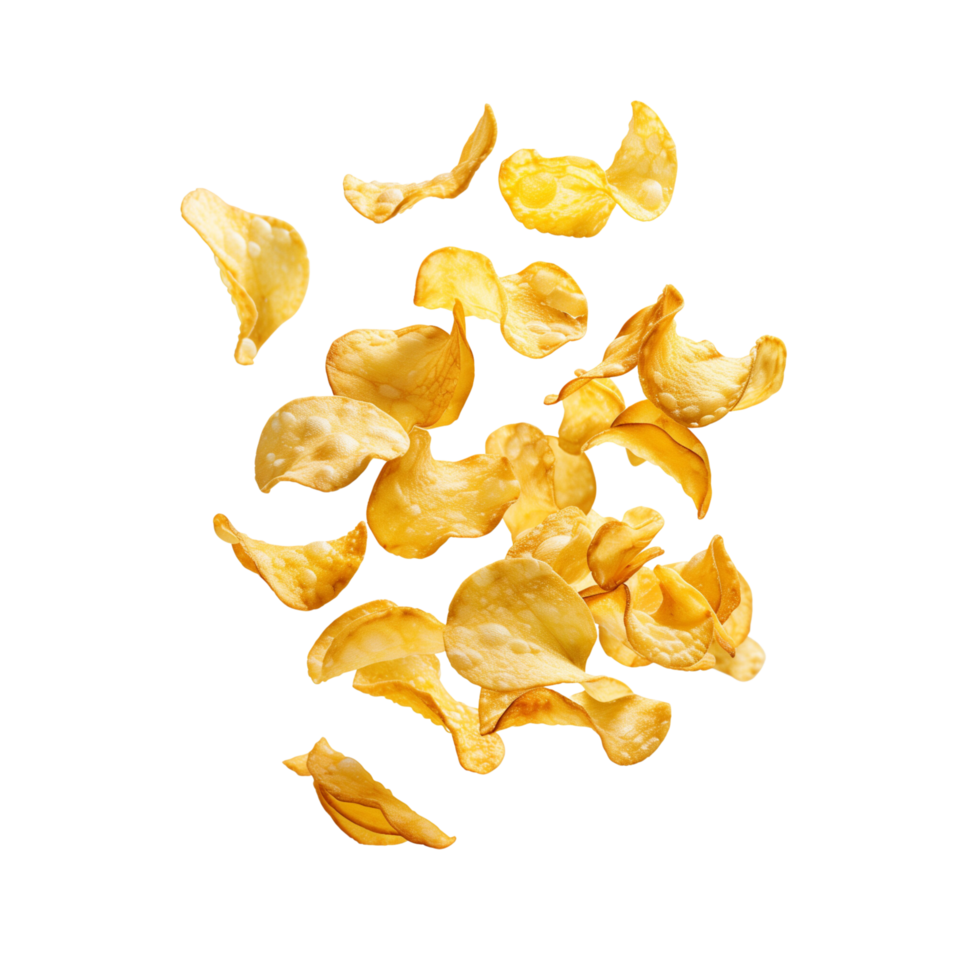 Potato chips frozen in motion, flying isolated on a transparent background png