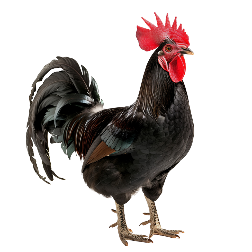 Black rooster with glossy feathers and a prominent red comb isolated on a transparent background png