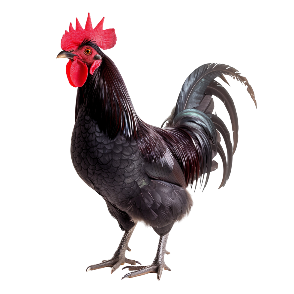 Black rooster with glossy feathers and a prominent red comb isolated on a transparent background png