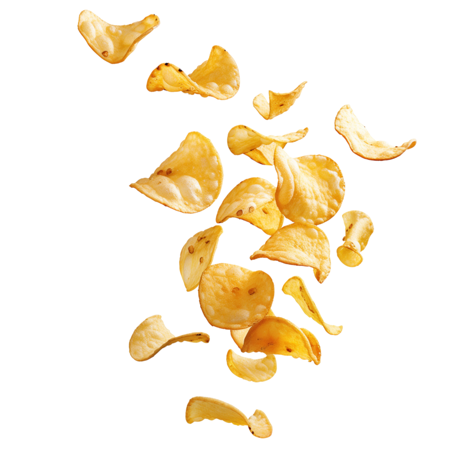 Potato chips frozen in motion, flying isolated on a transparent background png