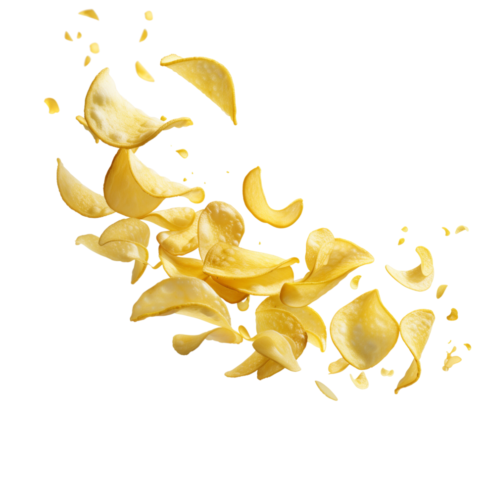 Potato chips frozen in motion, flying isolated on a transparent background png