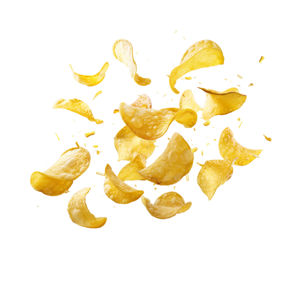 Potato chips frozen in motion, flying isolated on a transparent background png