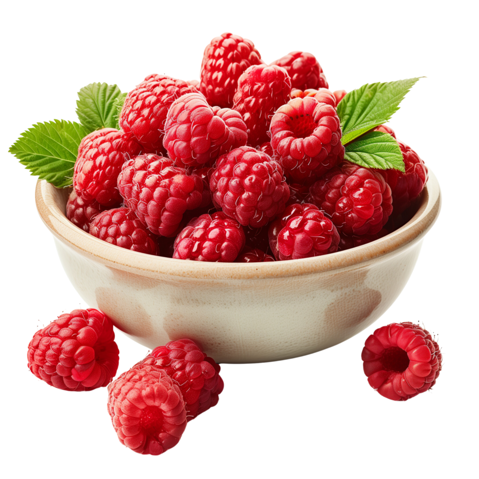 Perfectly ripe raspberries overflowing from a bowl isolated on a transparent background png
