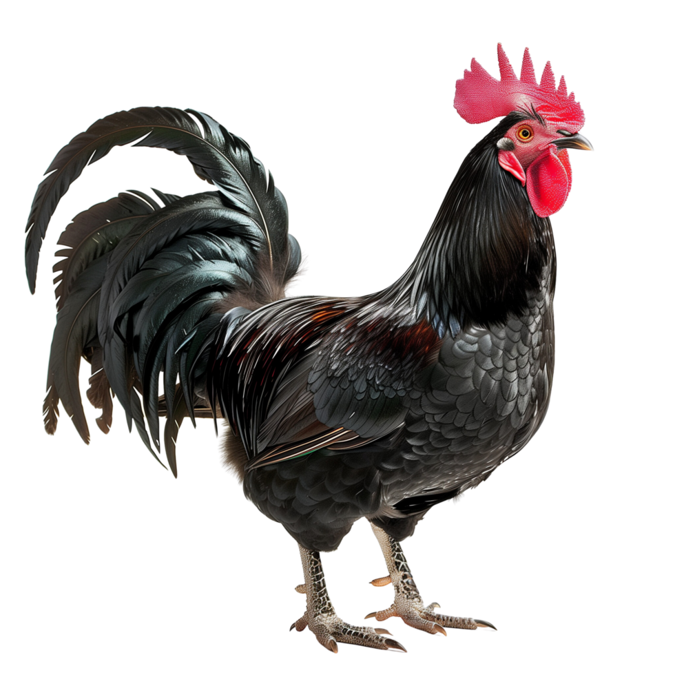 Black rooster with glossy feathers and a prominent red comb isolated on a transparent background png