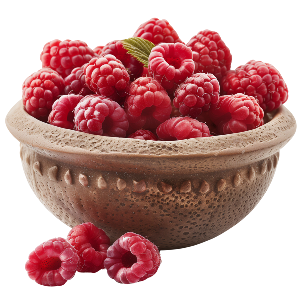 Perfectly ripe raspberries overflowing from a bowl isolated on a transparent background png
