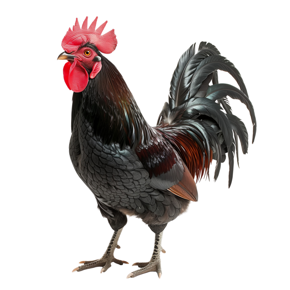 Black rooster with glossy feathers and a prominent red comb isolated on a transparent background png