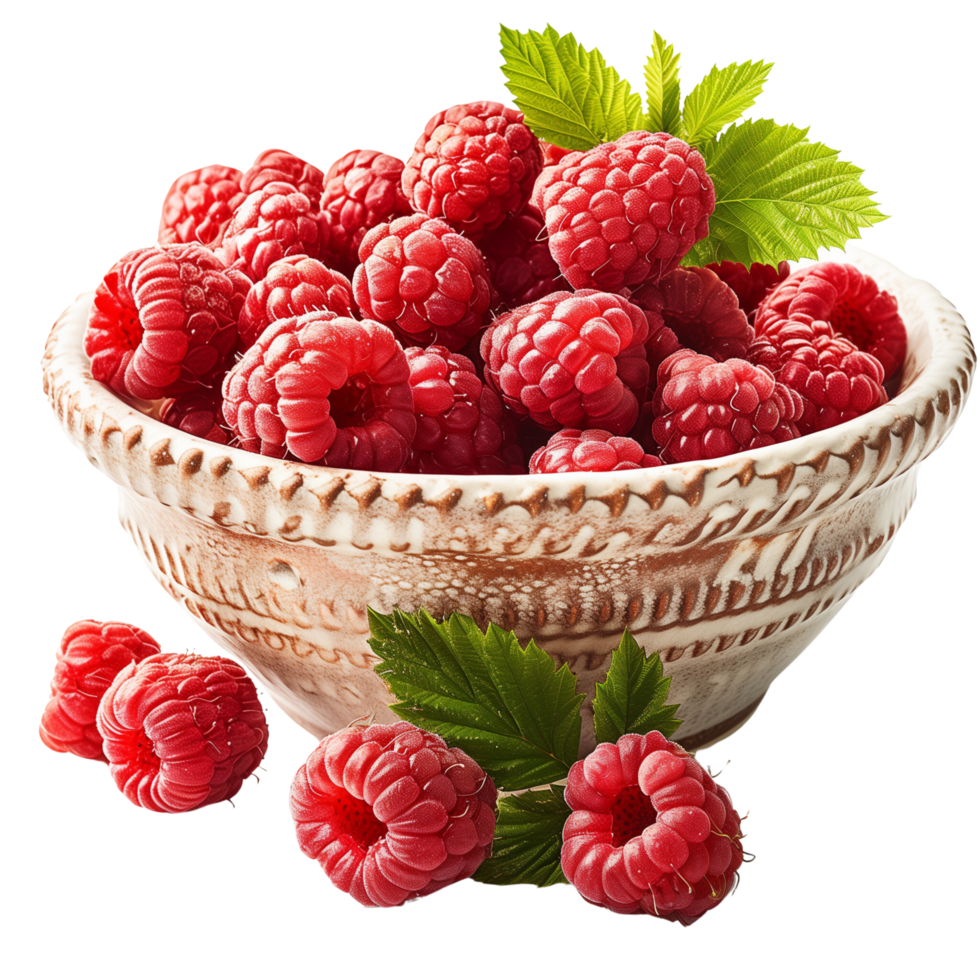 Perfectly ripe raspberries overflowing from a bowl isolated on a transparent background png