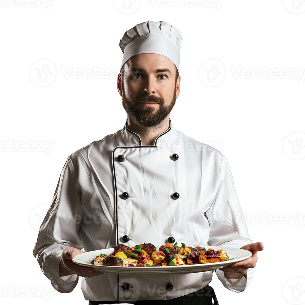 en kock i enhetlig innehav en bricka av mat isolerat på en transparent bakgrund png
