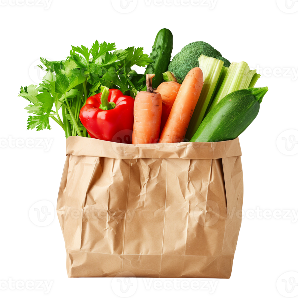 A brown paper bag filled with fresh vegetables isolated on a transparent background png
