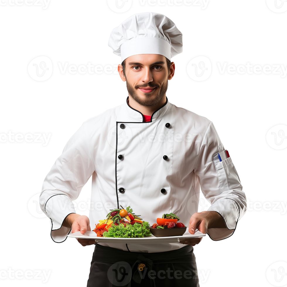A chef in uniform holding a tray of food isolated on a transparent background png