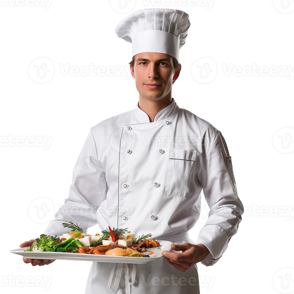 A chef in uniform holding a tray of food isolated on a transparent background png