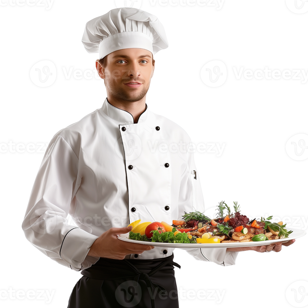 A chef in uniform holding a tray of food isolated on a transparent background png