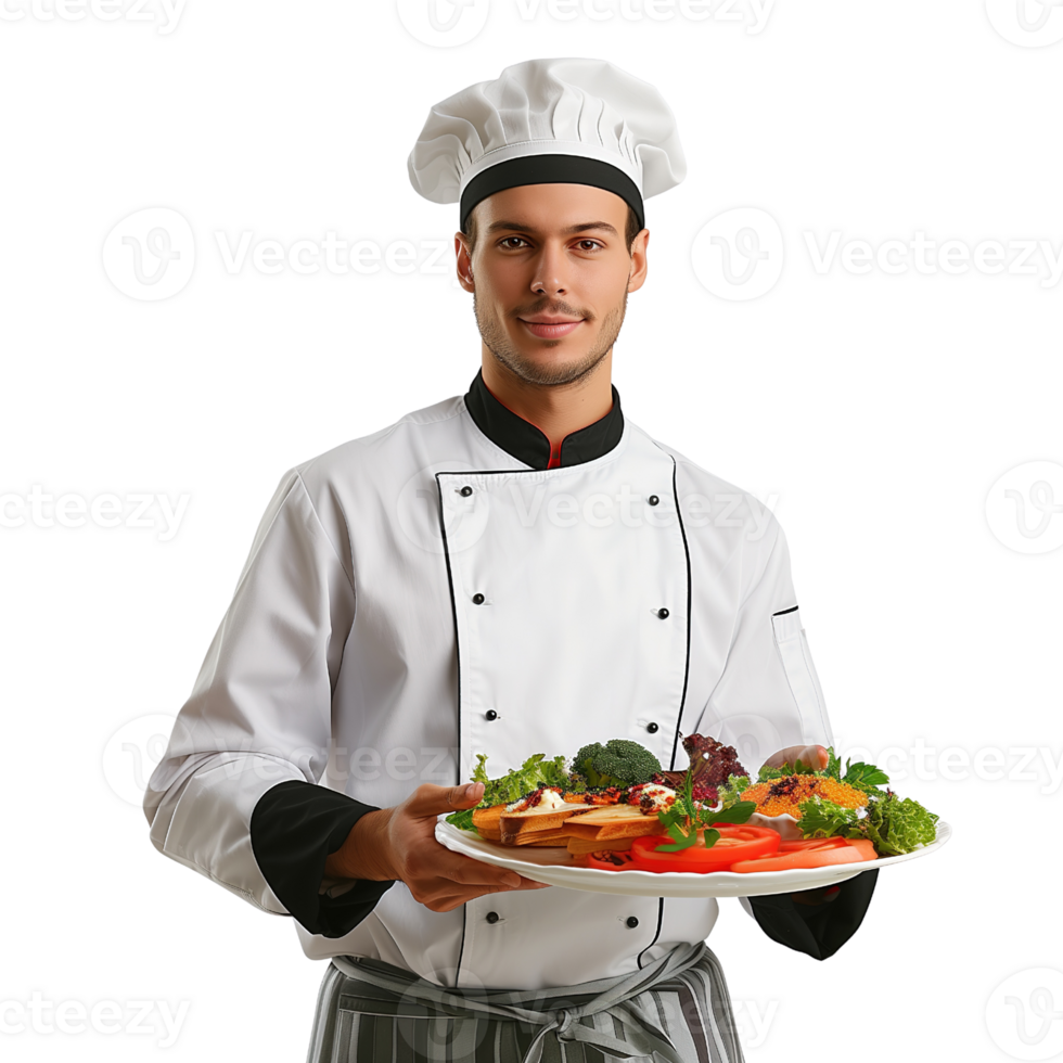 A chef in uniform holding a tray of food isolated on a transparent background png
