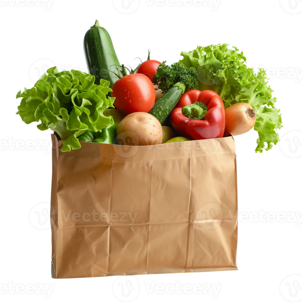 A brown paper bag filled with fresh vegetables isolated on a transparent background png