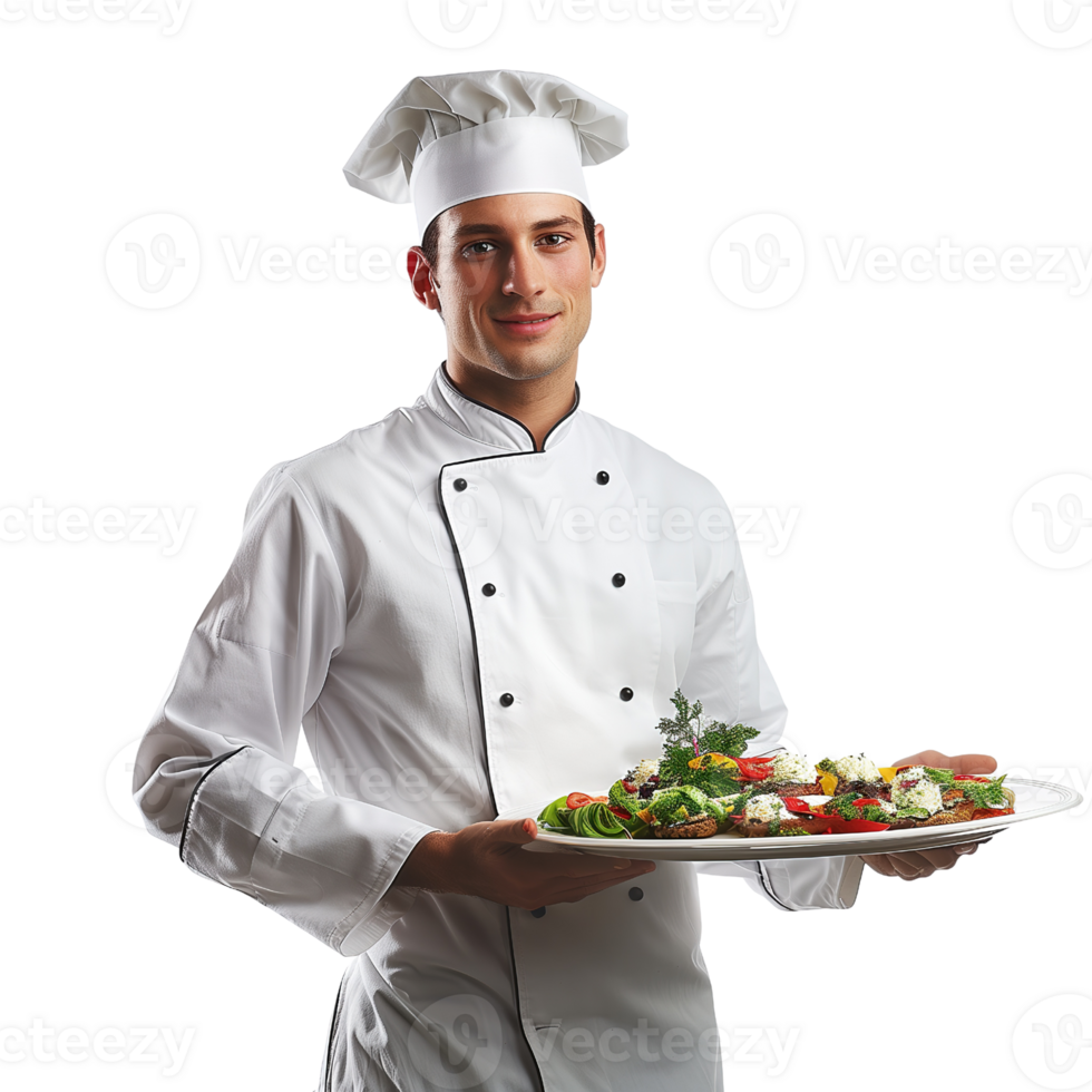 un cocinero en uniforme participación un bandeja de comida aislado en un transparente antecedentes png