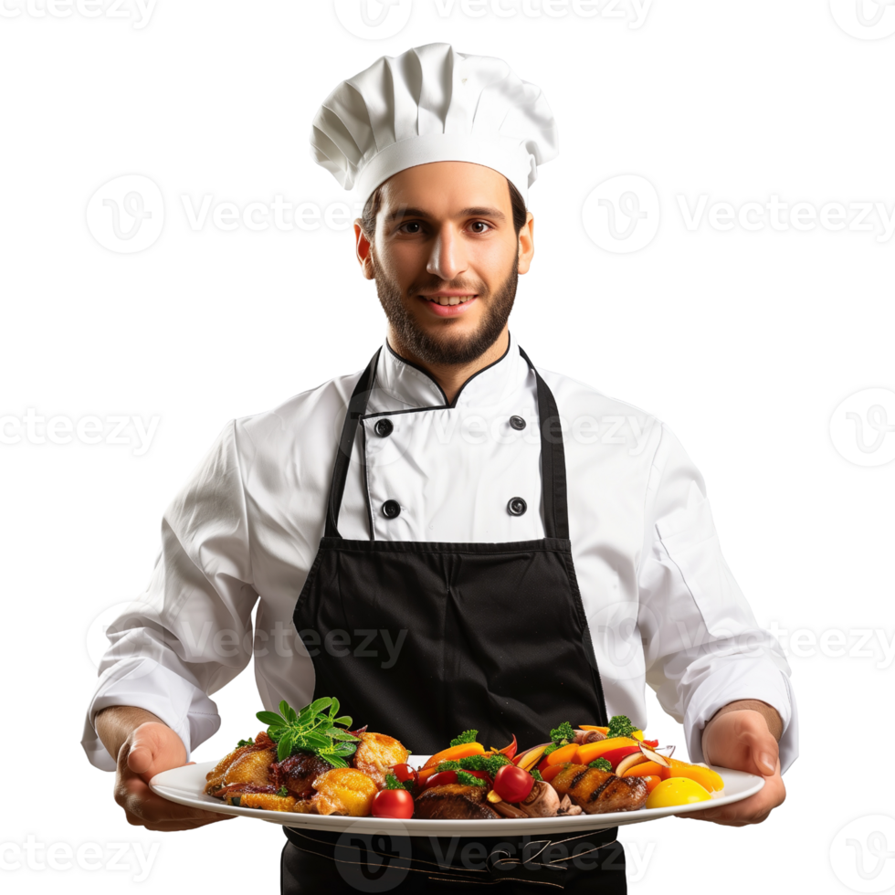 A chef in uniform holding a tray of food isolated on a transparent background png