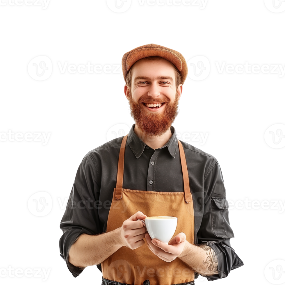 A cheerful barista holding a cup of freshly brewed coffee, ready to serve isolated on a transparent background png