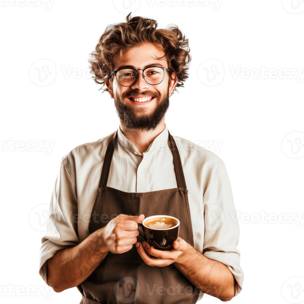 A cheerful barista holding a cup of freshly brewed coffee, ready to serve isolated on a transparent background png