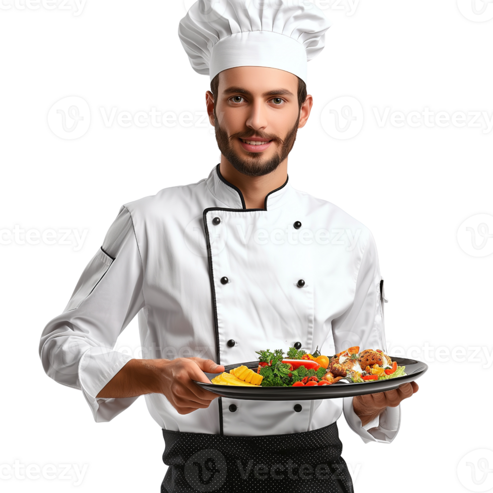 A chef in uniform holding a tray of food isolated on a transparent background png