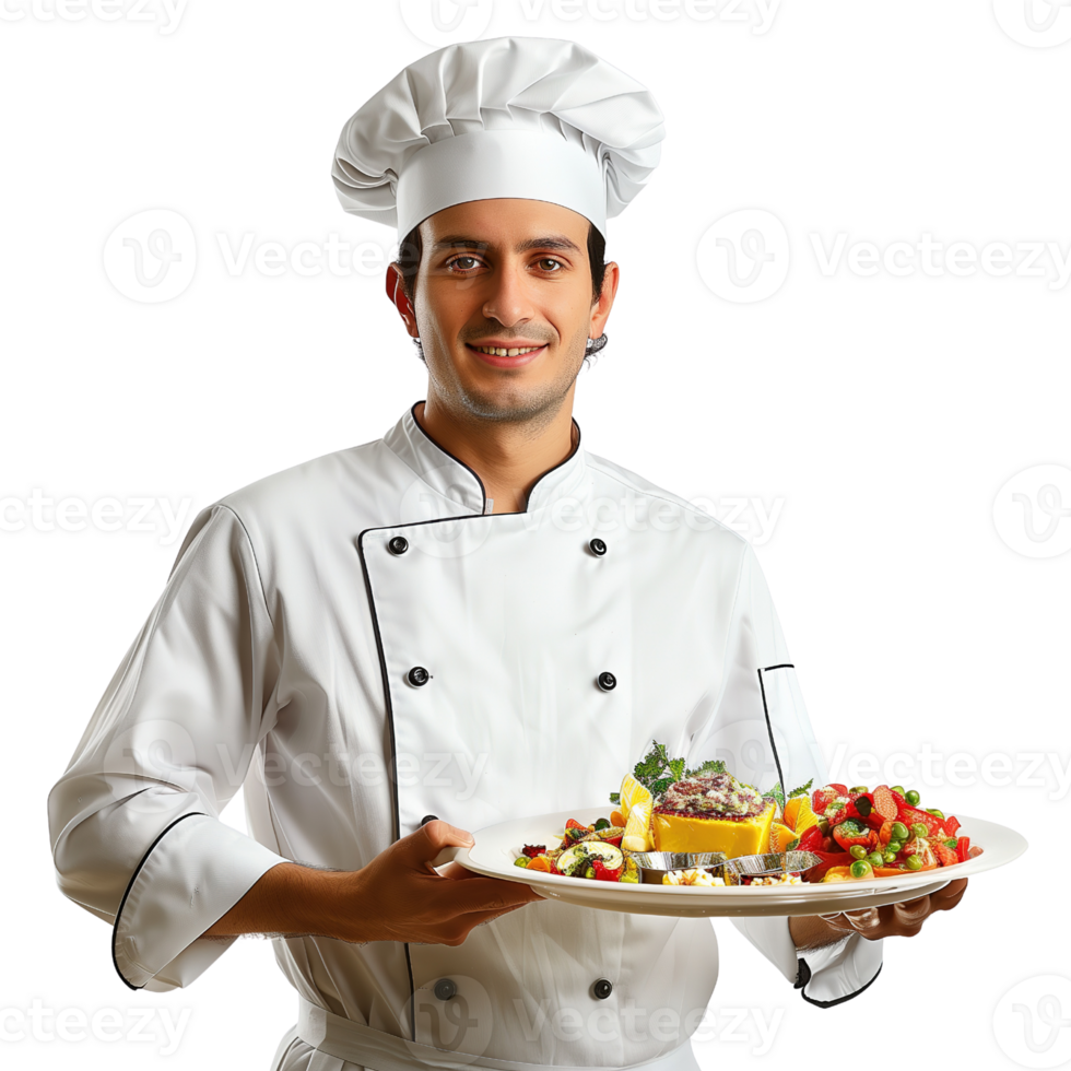 een chef in uniform Holding een dienblad van voedsel geïsoleerd Aan een transparant achtergrond png