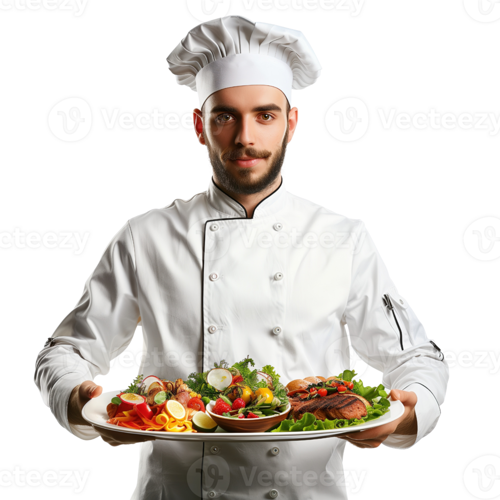 A chef in uniform holding a tray of food isolated on a transparent background png