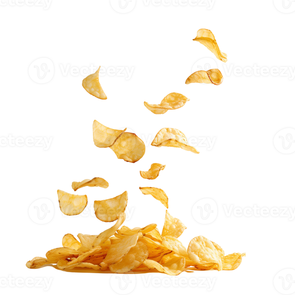 A flying of a pile of delicious potato chips isolated on a transparent backgroundA flying of a pile of delicious potato chips isolated on a transparent background png