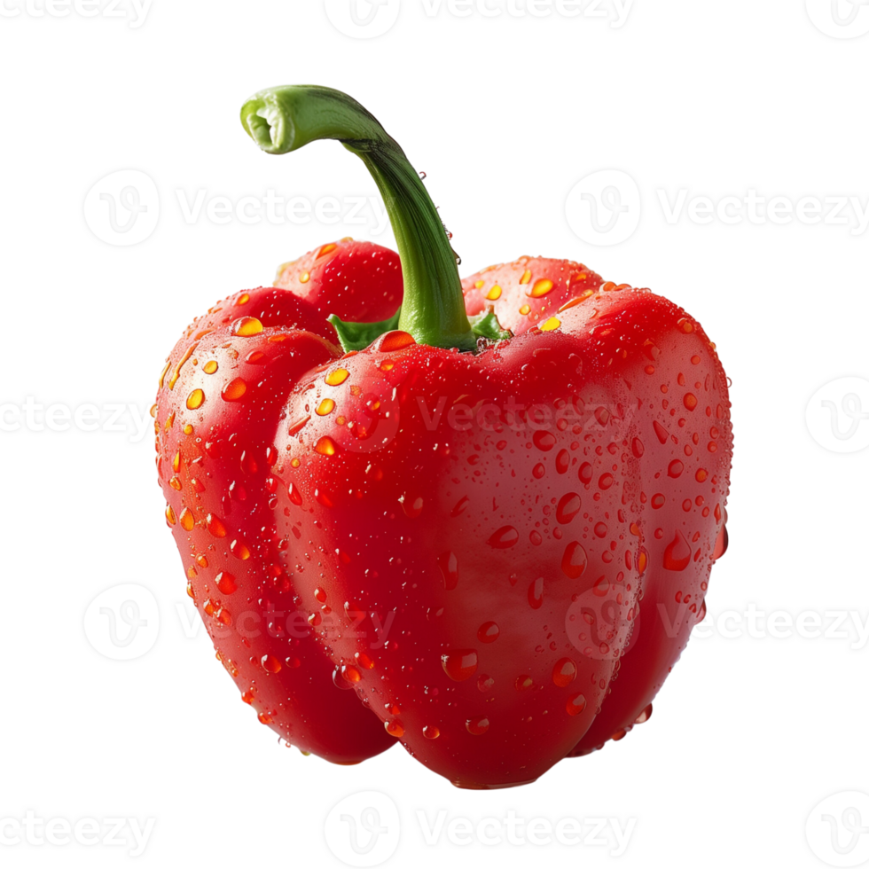 A fresh red pepper with water droplets isolated on a transparent background png