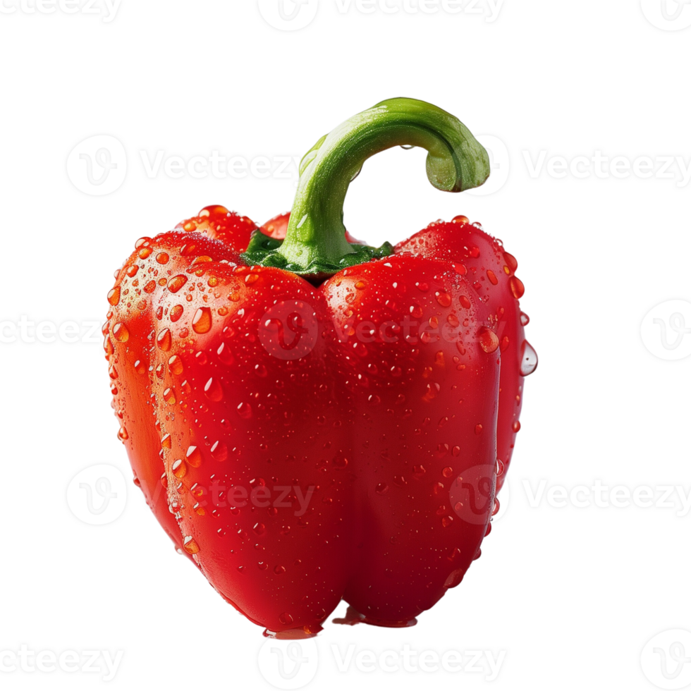 A fresh red pepper with water droplets isolated on a transparent background png