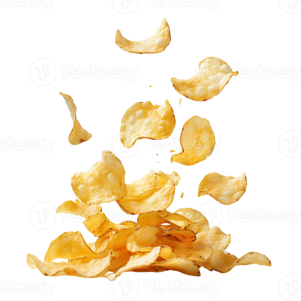 A flying of a pile of delicious potato chips isolated on a transparent backgroundA flying of a pile of delicious potato chips isolated on a transparent background png