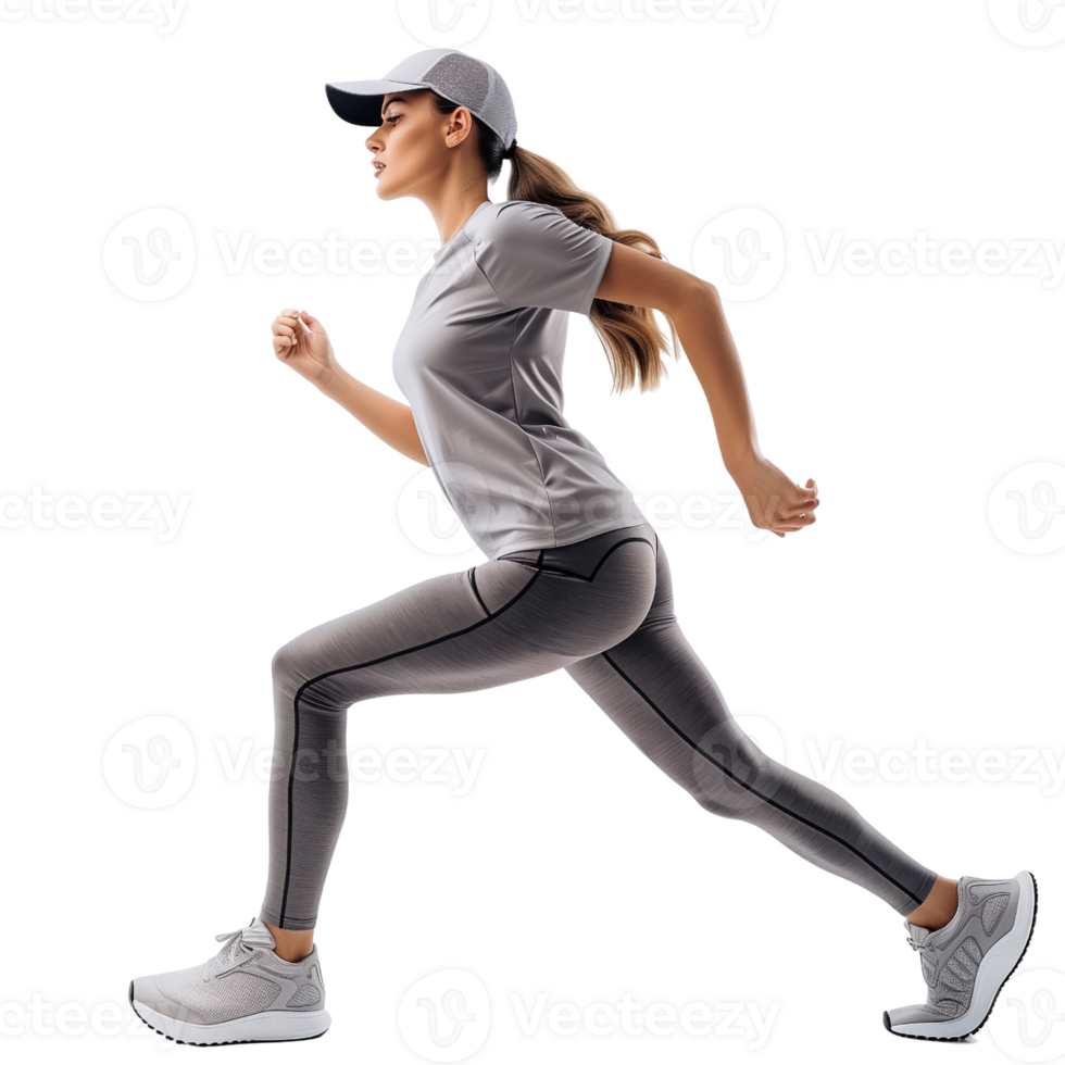 A fitness instructor in workout gear, mid-pose, isolated on a transparent background png
