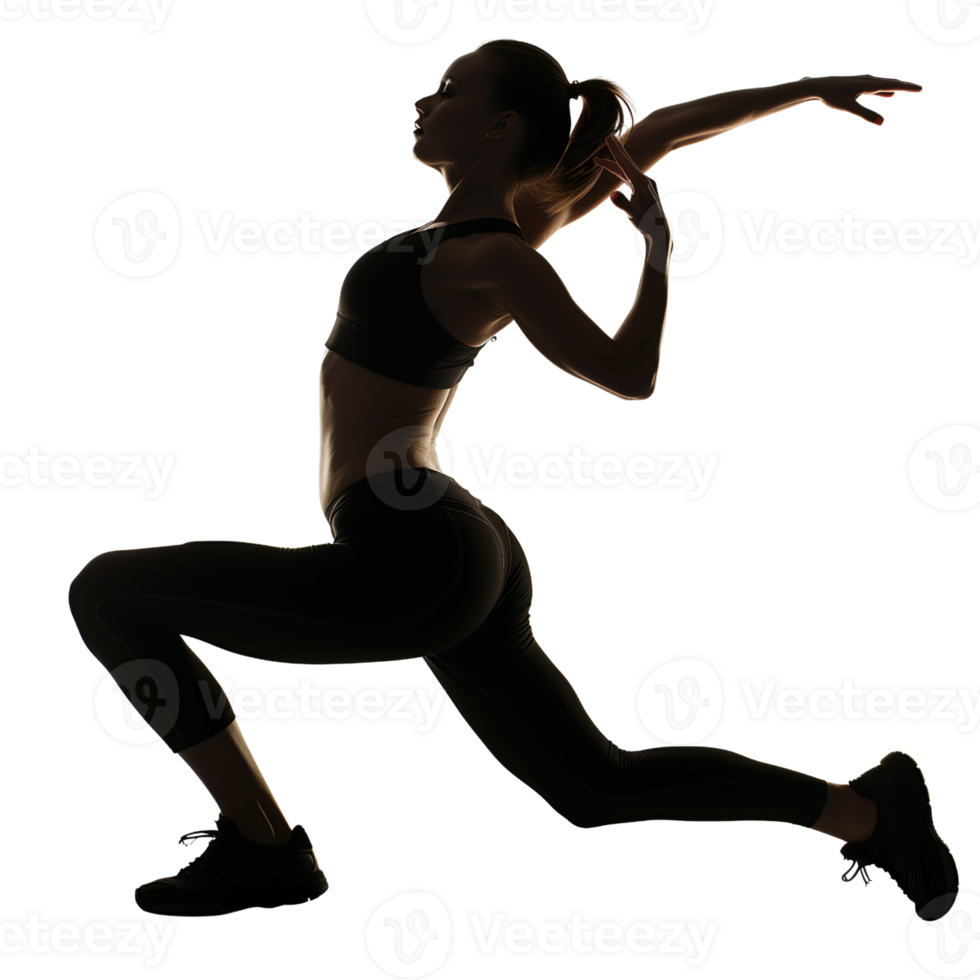 A fitness instructor in workout gear, mid-pose, isolated on a transparent background png