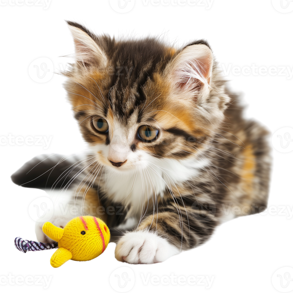 A fluffy kitten playing with a toy isolated on a transparent background png
