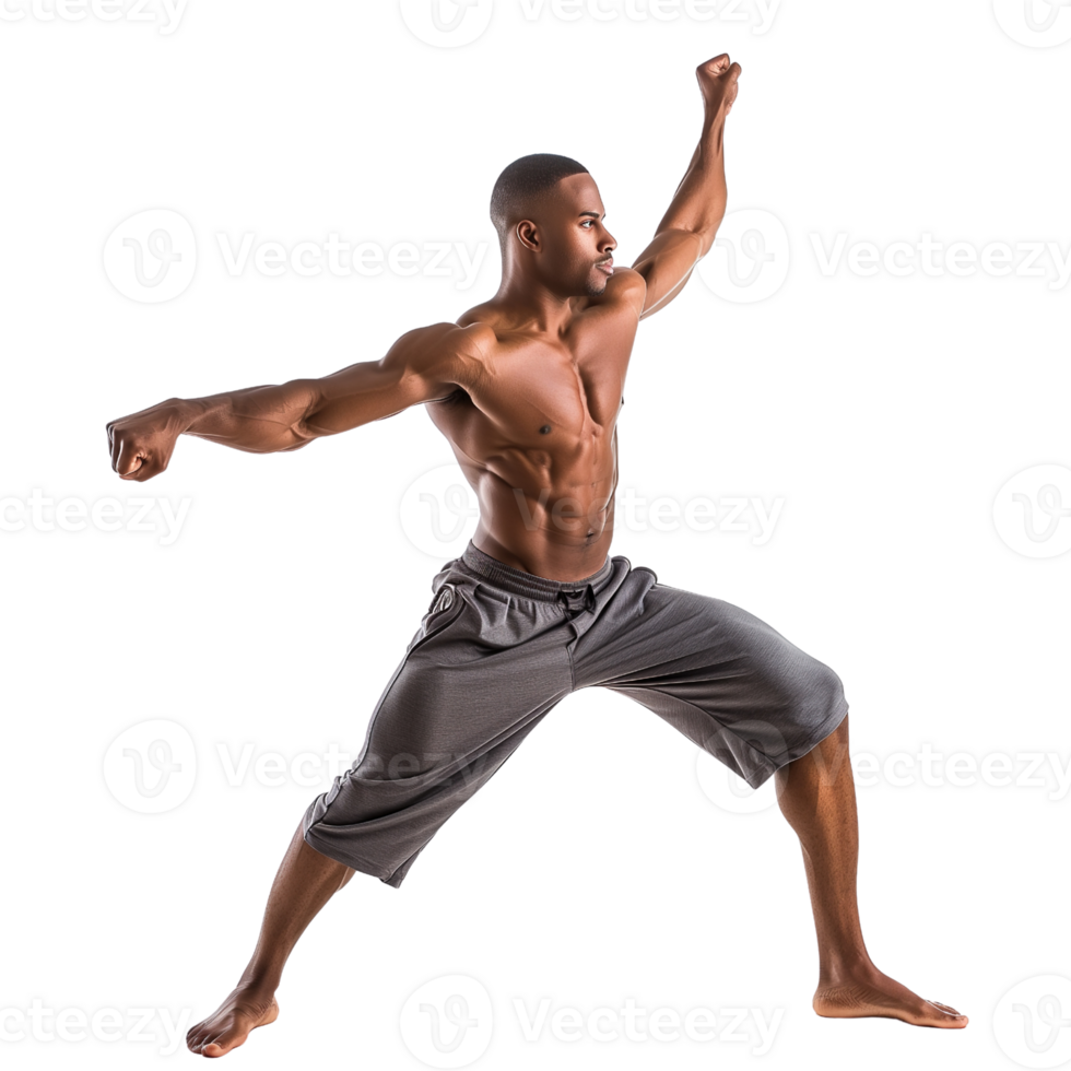 A fitness instructor in workout gear, mid-pose, isolated on a transparent background png