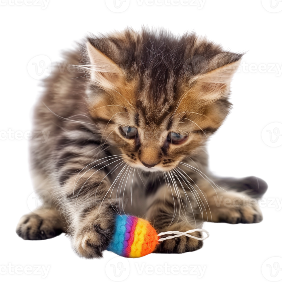 A fluffy kitten playing with a toy isolated on a transparent background png